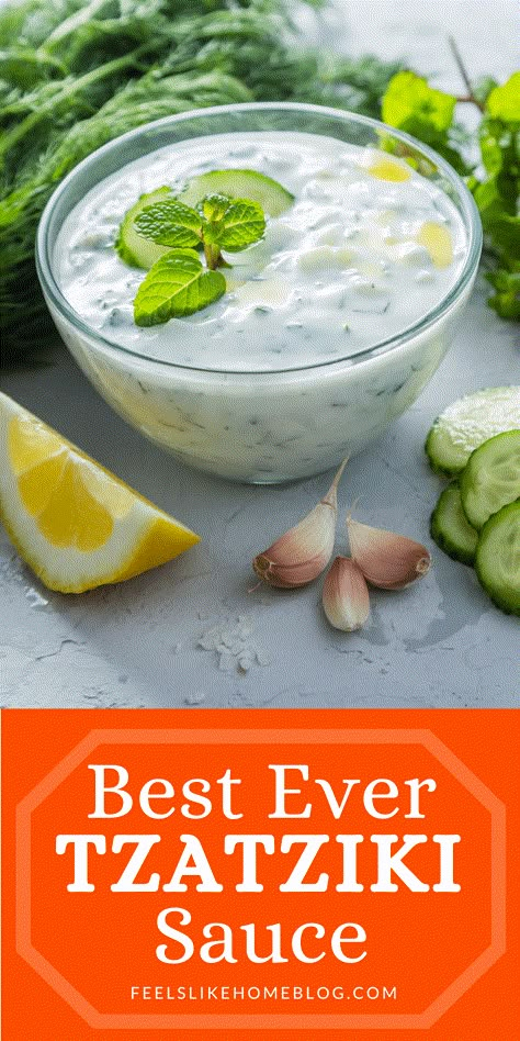 Tzatziki Sauce Recipe for Gyros and Falafels - Feels Like Home™ Greek Sauce, Cucumber Yogurt Sauce, Cucumber Sauce, Tzatziki Sauce Recipe, Homemade Tzatziki Sauce, Tzatziki Recipes, Salsa Yogurt, Cucumber Yogurt, Homemade Tzatziki