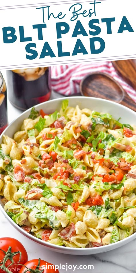 BLT Pasta Salad is easy to make and perfect for a crowd. With simple ingredients and delicious flavors, this will win over any party guests. Easy Things To Make For Lunch Simple, Sides For Big Crowds, Salad Pasta Recipes Cold, Cold Pasta Salads For Lunch, But Pasta Salad, Easy Chopped Salad Recipes Simple, Spaghetti Pasta Salad Recipes Cold, Blt Salad With Pasta, Blt Pasta Salad Pioneer Woman