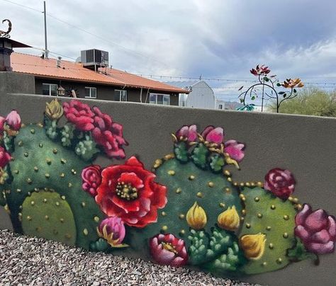 Outside Wall Art, Wall Murals Diy, Garden Mural, Flower Mural, Orange Wall Art, Fence Art, Wall Murals Painted, Murals Street Art, Garden Art Crafts