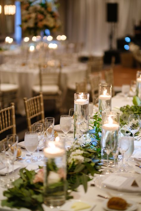 Centerpiece With Floating Candles, Garland Centerpiece, Long Table Wedding, Table Garland, Long Table, Candle Centerpieces, Floating Candles, Hotel Wedding, Wedding Table