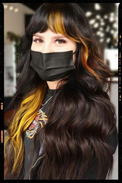 Pop Of Hair Color Ideas, Natural Hair With Pop Of Color, Mustard Yellow Hair Color, Hair Color Underneath With Bangs, Pop Of Colour Hair, Colour Block Bangs Hair, Fashion Color Bangs, Bangs With Under Color, Pops Of Hair Color