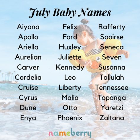 Names for babies born in July are sparkling, summery, and hot hot hot! These are some of our favorites — click through for more #babynames #julybabynames #uniquenames #girlnames #boynames Name Ideas For Stories, Hot Names, Baby Unique Names, Names I Adore, Rp Names, Sims Names, Mystical Names, Names For Babies, Female Character Names