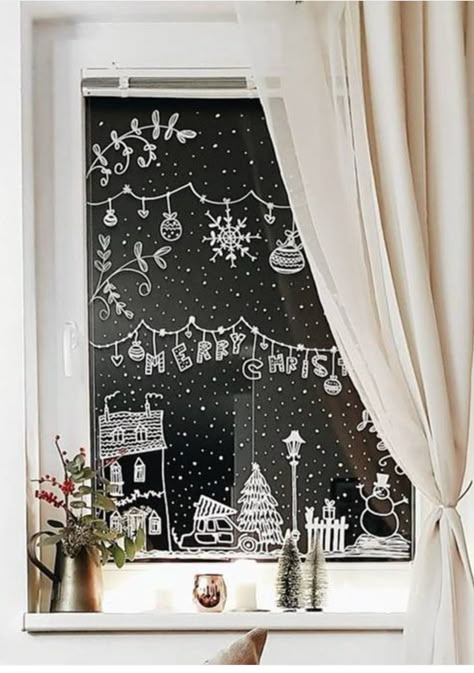 Christmas Mirror Chalk Art, White Marker Window Art, Christmas Mirror Painting, Easy Christmas Window Painting, Christmas Window Chalk Art, Christmas Window Drawing Chalk Markers, Chalk Pen Window Art Christmas, Drawing On Windows, Christmas Village Window Display