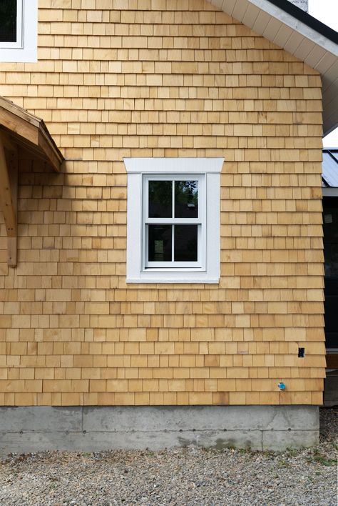 Cedar Shake Siding Progress (+ Would You Paint It?) — The Grit and Polish Cedar Shake Garage, Cedar Shakes On House, Faux Cedar Shake Siding, Wood Shingles Exterior, White Cedar Shake Siding, Cedar Shake Siding Accent, Cedar Shake House, Exterior Shutter Colors, The Grit And Polish