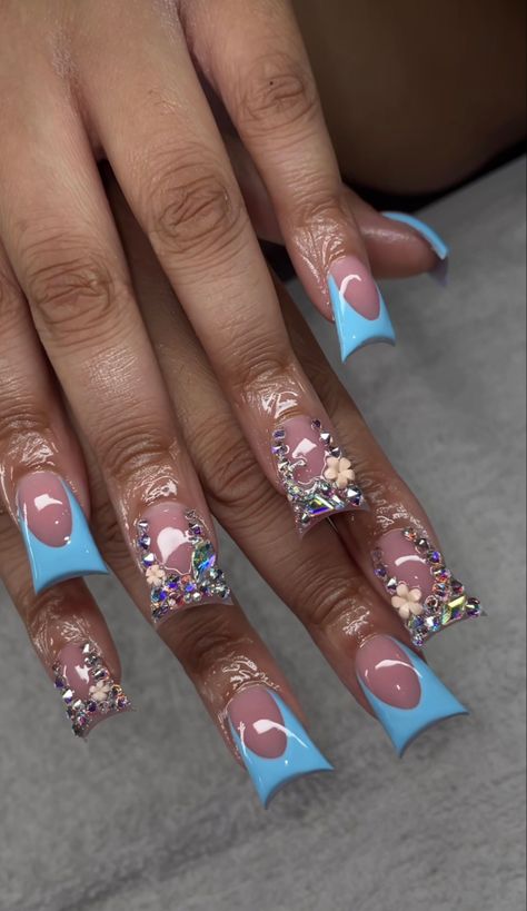 Cute Duck Nail Ideas, Rhinestone Duck Nails, Light Blue Duck Nails, Baby Blue Duck Nails, Acrylic Duck Nails, Short Duckie Nails, Blue Duck Nails, Duck Acrylic Nails, Duck Nail Designs