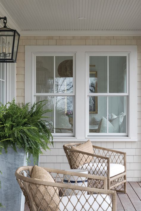 Fresh air | front porches | New England style - Maximized light and an airy aesthetic are highlights of this Massachusetts gem. Click the link for more design and renovation ideas.  - Architect: Jonathan Aprea Interior Designer / General Contractor: Laura Weibley Massachusetts Interior Design, White Nantucket House Exterior, Nantucket Exterior Home, Nantucket Homes Exterior, Coastal New England Home Exterior, Marthas Vineyard Homes Exterior, Martha’s Vineyard House Exterior, Marvin Windows And Doors, Nantucket Home