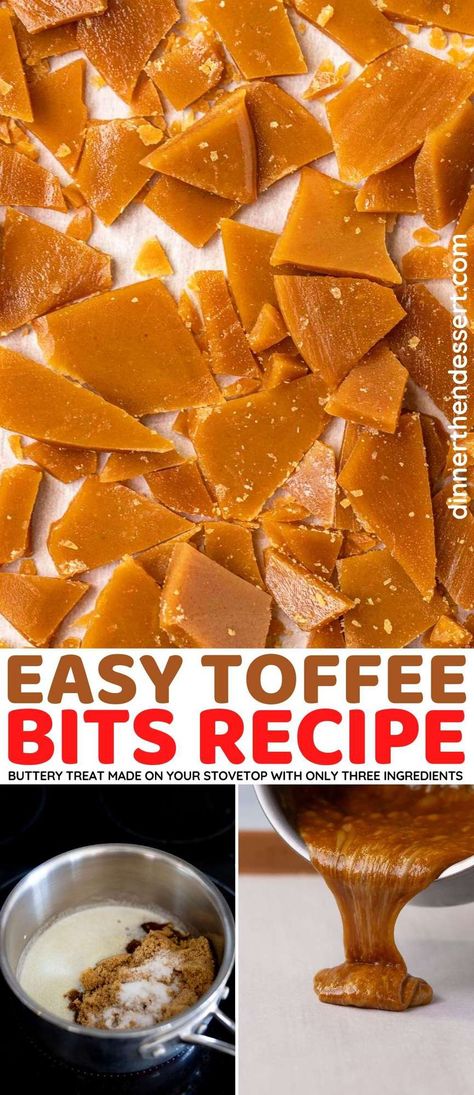 Easy Toffee Bits are made on the stovetop with just 3 simple ingredients. The sweet, buttery treats are great dessert mix-ins or toppings. Toffee Bits Recipe, Butter Toffee Recipe, Toffee Bites, English Toffee Recipe, How To Make Toffee, Dessert Mix, Easy Toffee, Salted Toffee, Homemade Toffee