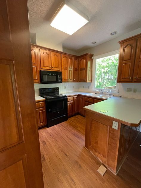 Original Wood Kitchen Cabinets, Notty Pine Kitchen Cabinets, 80s Kitchen Remodel Before After, Kitchen Cabinet Color Ideas With Butcher Block Counters, 90s Kitchen Update Oak Cabinets, No Natural Light Kitchen, Painted 90s Kitchen Cabinets, Warm Kitchens Cozy, Kitchen Design Wood And White