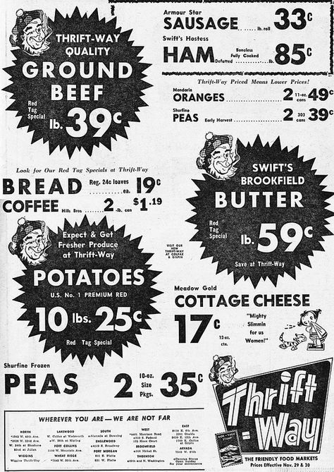 Thriftway supermarket Supermarket Poster Design, Vintage Supermarket, Supermarket Poster, Supermarket Branding, Vintage Web Design, Store Flyers, Vintage Thrift Stores, Paper Grocery Bags, Supermarket Design