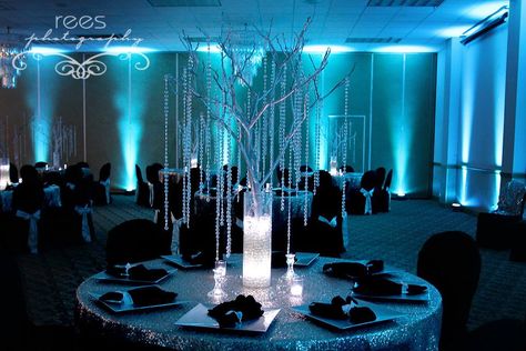 TEAL AND GREY UPLIGHTING WEDDING - Google Search Diy Uplighting, Centerpieces Blue, Teal Blue Weddings, Uplighting Wedding, Blue Wedding Centerpieces, Wedding Reception Lighting, Wedding Reception Ideas, Wedding Reception Centerpieces, Reception Centerpieces