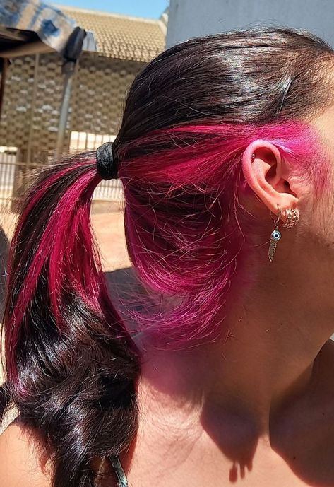 Under Part Of Hair Dyed Pink, Under Pink Hair Dye, Bright Pink Underneath Hair, Neon Pink Underneath Hair, Pink Underdye Hair Black, Hot Pink Underdye Hair, Pink Under Hair Dye, Black Hair With Hot Pink Underneath, Under Hair Pink