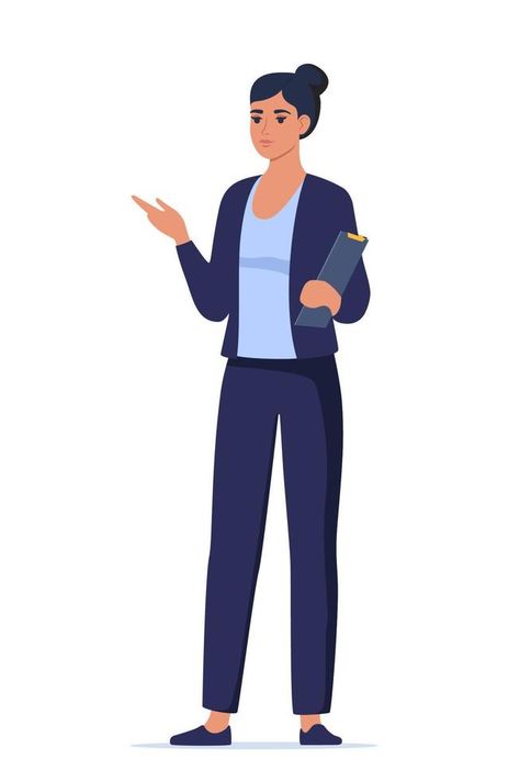 Woman introduce, show and present something. Business speaker standing with clipboard and pointing direction, gesturing with arm. Female presenter. Vector illustration. Simple Poster, Speaker Stands, Woman Illustration, Vector Portrait, Motion Graphic, Self Design, Woman Standing, Fashion Poster, Clipboard