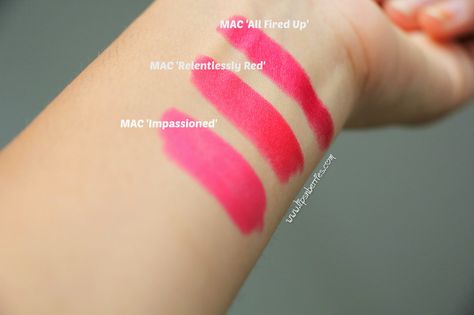 Difference between MAC impassioned, relentlessly Red and All Fired up Relentlessly Red Mac, Paintbox Spring, Mac Relentlessly Red, Mac All Fired Up, 3ce Makeup, Mac Red Lipsticks, Foundation Swatches, Best Red Lipstick, Mac Lipsticks