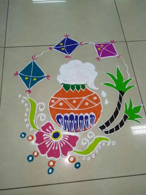 Easy Rangoli For Sankranti, Easy Pongal Rangoli, Rangoli For Sankranti With Dots, Rangoli Designs For Bhogi, Simple Pongal Rangoli Designs, Pongal Muggulu Rangoli Designs, Sankranthi Decoration Ideas At Home, Pongal Rangoli Design Dots, Sankranti Rangoli Designs Easy