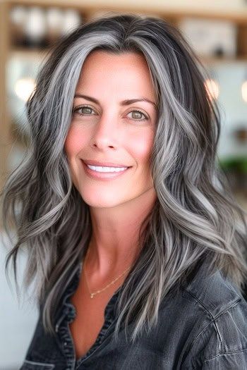 Cool Gray Mixed With Midnight Waves Medium-Length Hairstyle on a smiling woman. Blending Gray Hair With Dark Brown, Dark And Gray Hair, Gray Blending For Brunettes, Dark Hair Platinum Highlights, Dark Hair Silver Highlights, Grey Streaks In Dark Hair, Gray Hair Lowlights, Brunette Going Gray, Blended Grey Hair Highlights