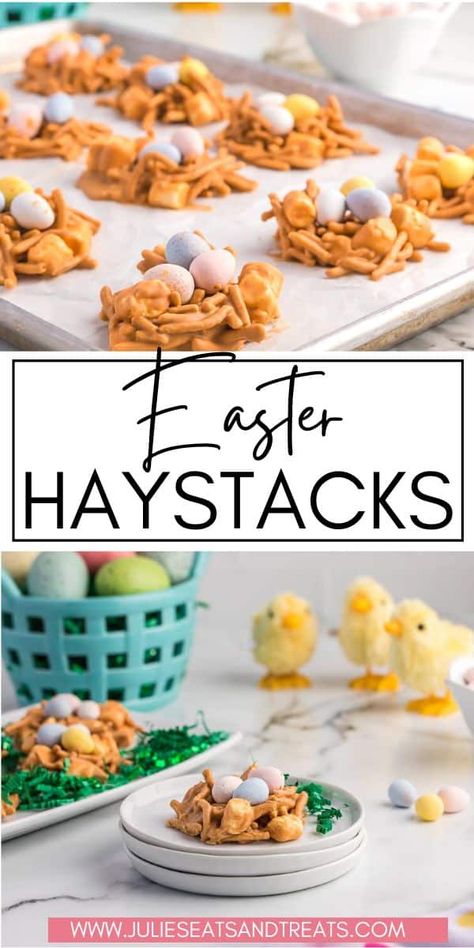 Easy no-bake Easter Haystacks only take 20 minutes to make and are so cute and fun. A melt in your mouth mixture of butterscotch, mini marshmallows, peanut butter and chow mein noodles that are topped with Mini Cadbury Eggs. Make this easy treat for your Easter celebrations! Christmas Cookies Sugar, Easter Birds Nest, Birds Nest Cookies, Haystacks Recipe, Haystack Cookies, Easter Egg Nest, Cookies Thanksgiving, Cookies No Bake, Easter Nests