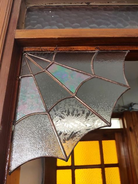 Stained glass spider web panel & ornament for home decor and the Halloween. Sustainable Diy Projects, Stained Glass Spider Web, Stained Glass Spider, Window Corner, Web Panel, Sustainable Diy, Glass Spider, Stair Makeover, L'art Du Vitrail