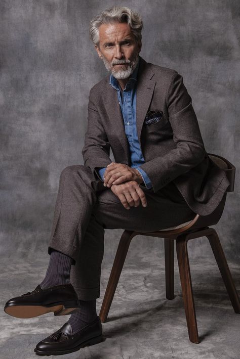 Old Man Photoshoot, Old Man In Suit, Grey Flannel Trousers, Pini Parma, Author Portraits, Male Headshots, Brown Gloves, Master Tailor, Flannel Suit