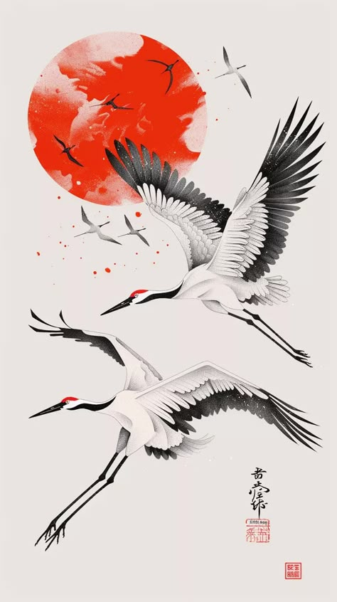 ✨🖼️Explore Amazing Midjourney Prompts - Tap Link in my Bio🎉🔗 Japanese Crane Stencil, Japanese Crane Drawing, Japanese Crane Tattoo Design, Japanese Crane Art, Sushi Hiro, Crane Illustration, Crane Drawing, Fly Drawing, Flying Crane