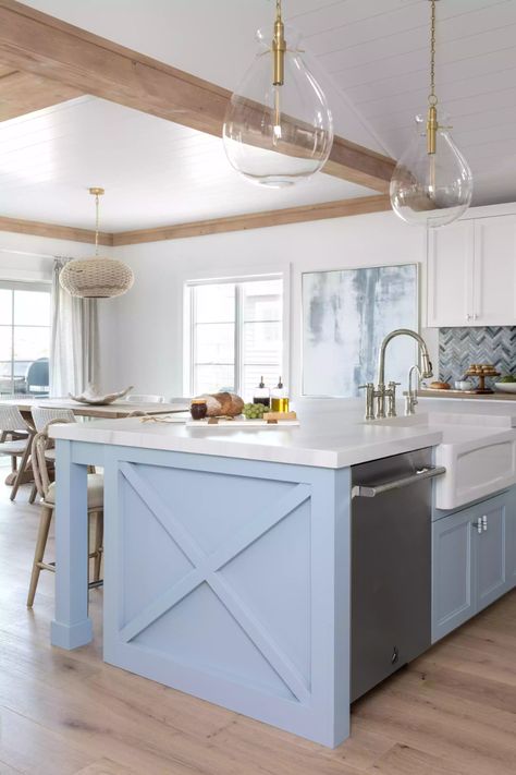 Windy Blue, Neutral Room Decor, Blue Kitchen Island, Beach House Tour, California Beach House, White Oak Kitchen, Beach House Kitchens, Beach Retreat, Coastal Kitchen