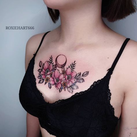 Color Chest Tattoo Female, Front Chest Tattoo, Feminine Chest Tattoo, Chest Tattoo Female, Tattoo Female, Tattoo Pictures, Wicked Tattoos, Chest Tattoos, Sternum Tattoo