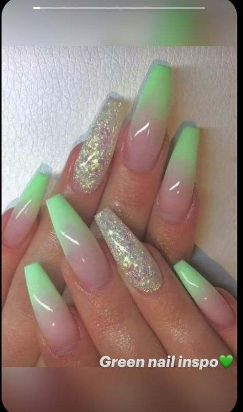 Light Green Glitter Nails, Green Glitter Acrylic Nails, Light Green Nails Acrylic, Baby Pink Nails Acrylic, Stiletto Nail Designs, Ombre Acrylic, August Nails, Baby Pink Nails, White And Silver Nails