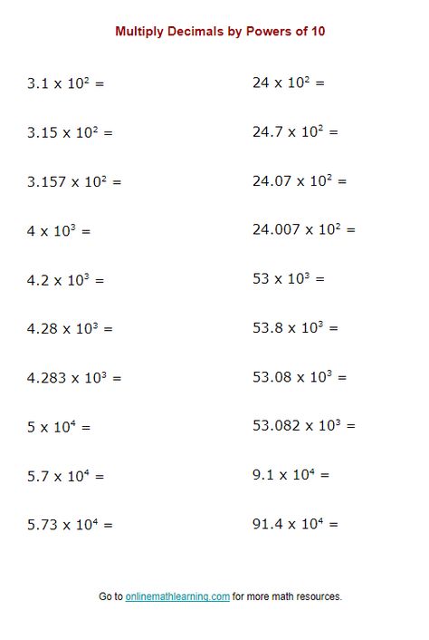 Multiply Decimals by Powers of 10 Worksheet (printable, online, answers) Multiply Decimals By Powers Of 10, Ged Math, Gre Math, Basic Algebra, Act Math, Multiplying Decimals, Decimals Worksheets, College Algebra, Powers Of 10