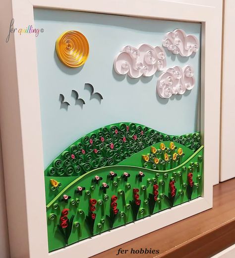 Fer Hobbies : How to make Quilling Scenery tutorial landscape Paper Quilling Clouds, Paper Quilling Scenery, Quilling Clouds, Paper Quilling Landscape, Quilling Scenery, Quilling Landscape, Quilled Frames, Quilling Painting, Water Cycle Craft