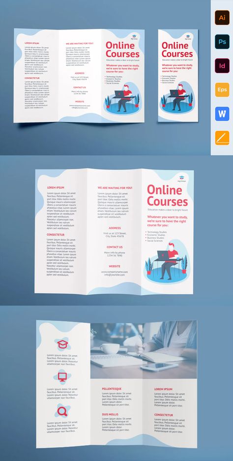 Online Courses Brochure Trifold Template AI, EPS, INDD, PSD Brochure Trifold, Trifold Brochure, Brochure Design Template, Brochure Design, Print Templates, Brochure Template, Design Templates, Online Courses, Design