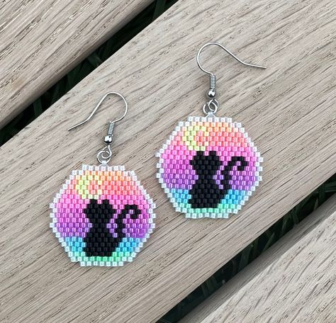 Cats Pattern, Beaded Cat, Beaded Cat Earrings, Neon Beaded Earrings, Bead Cat Earrings, Beaded Cat Earrings Pattern, Rainbow Brick Stitch Earrings, Brick Stitch Cat, Black Cat Brick Stitch