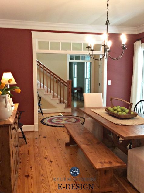 Benjamin Moore Clay Colors, Red Wall Dining Room, Farmhouse Red Paint Colors Interior, Rustic Red Living Room, Red Farmhouse Living Room, Red Dining Room Decor, Red Dining Room Ideas, Red Living Room Walls, Kitchen Paint Ideas