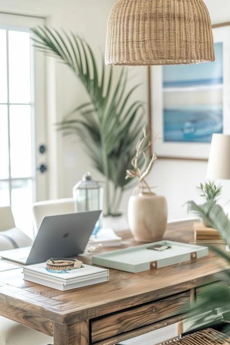 Coastal Office Ideas for a Serene Workspace Modern Coastal Office Decor, Beachy Home Office, Desk Styling Ideas Home Office, Coastal Office Decor Work Spaces, Male Office Ideas, Calming Office Space, Office And Workout Room Combo, Beach Office Decor, Coastal Office Ideas