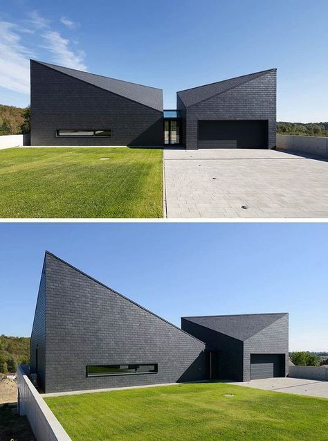 Modern Black Houses, Flat Roof Design, Black Houses, Roof Architecture, Modern Architecture House, Roof Design, Black Exterior, Exterior Brick, Sandbox