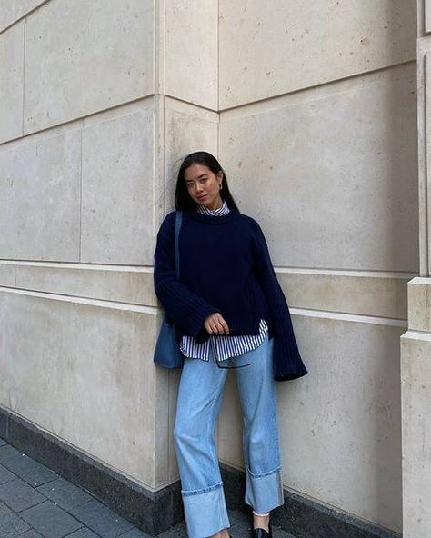 9 Blue-Jeans Outfits Fashion Influencers Wear on Repeat | Who What Wear UK Blue Stripe Shirt Outfit, Navy Blue Sweater Outfit, Blue Outfit Winter, Jean Shirt Outfits, Blue Top Outfit, Blue Striped Shirt Outfit, Blue Sweater Outfit, Outfits With Striped Shirts, Fall Back In Love