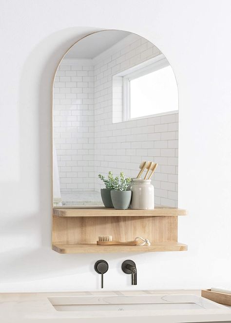 scandinavian bathroom vanity mirror with arched top and open storage shelves light wood finish nordic bath vanity mirror for sale online | Interior Design Ideas Ruangan Studio, Bathroom Mirror With Shelf, Scandinavian Bathroom, Wall Mirror With Shelf, Bath Mirror, Arch Mirror, Wood Wall Mirror, Mirror With Shelf, Girls Bathroom