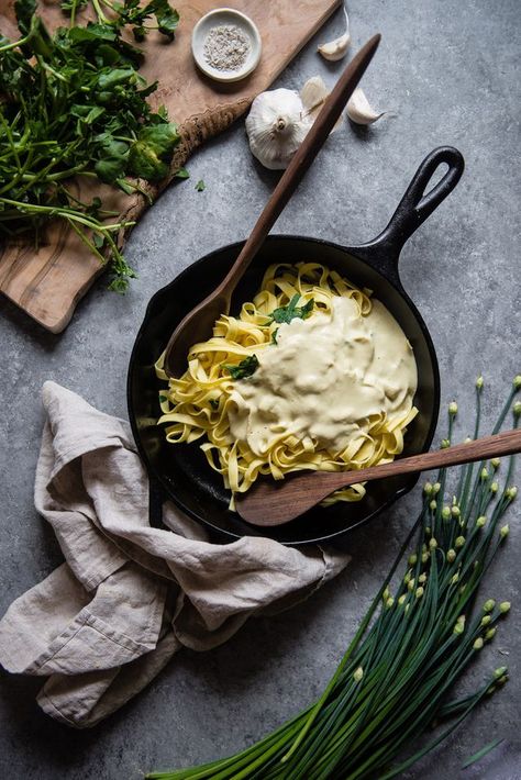 Chickpea Alfredo Pasta With Watercress And Chives | Two Red Bowls | Bloglovin’ Chickpea Alfredo, Resep Pasta, Double Cream, Pasta Fatta In Casa, Herb Sauce, Summer Menu, Food Photography Inspiration, Think Food, Watercress