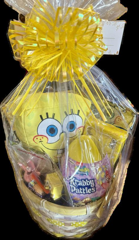 Sponge Bob themed item bundle including a SpongeBob stuffed plush, Sponge Bob and Patrick character figurines, assorted toys/activities, and Krabby Patty gummy candy. Also includes assorted candy. This unique gift is perfect for teens, tweens, kids, boys, girls, and SpongeBob fans of all ages.  Comes shrink wrapped in gift basket with bow and gift tag.Gift box version also available. Customization available upon request. Spongebob Gift Basket, Spongebob Gift Ideas, Bday Gift Basket, Spongebob Gifts, Spongebob Items, Spongebob Things, Spongebob Plush, Sponge Bob And Patrick, Spongebob Party Decorations