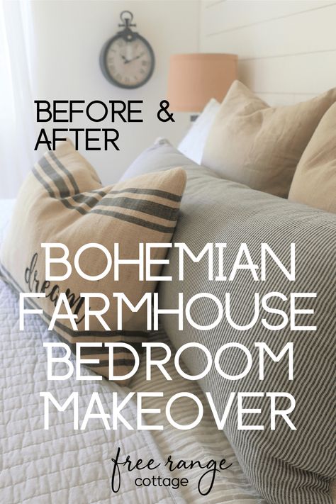 Bohemian Farmhouse Bedroom, Farmhouse Bedroom Makeover, Boho Farmhouse Bedroom, Bedroom Makeover Before And After, Farmhouse Guest Bedroom, Dresser Decor Bedroom, Simple Bed Designs, Boho Farmhouse Decor, Shiplap Walls