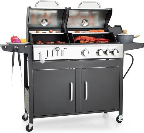 Owning this propane gas grill and charcoal grill combo means you can enjoy the convenience of gas-grilled dishes as well as the flavor of charcoal-grilled food. The charcoal grill and gas grill are independently controlled, and with a spacious 61-inch long cooking counter, you can cook and enjoy delightful barbecue moments with family and friends. Charcoal Smoker, Outdoor Bbq Grill, Griddle Grill, Propane Gas Grill, Barbeque Grill, Outdoor Grills, Iron Grate, Gas Bbq, Cast Iron Cooking