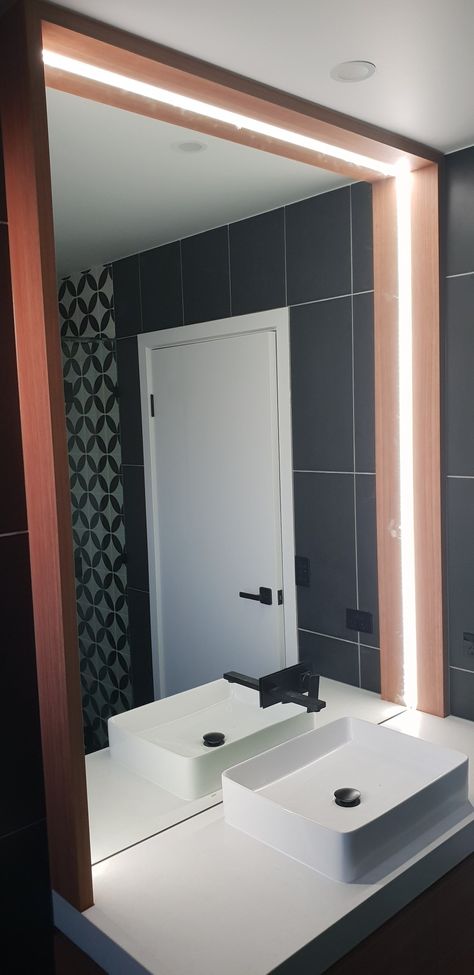 2nd Bathroom LED strip lighting, above mount sinks, wooden surround and black fixtures Led Strip Mirror, 2 Sink Bathroom Ideas, Mirror Lighting Ideas, Mirror In Bathroom, Wood Mirror Bathroom, Wooden Bathroom Vanity, Workers Cottage, Lit Mirror, Bathroom Mirrors Diy