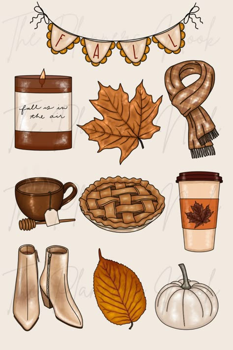 Cozy Autumn Aesthetic, Calendar Doodles, Graphic Icons, Aesthetic Ipad, Fall Drawings, Autumn Clipart, Homemade Stickers, Scrapbook Printing, Cute Fall Wallpaper