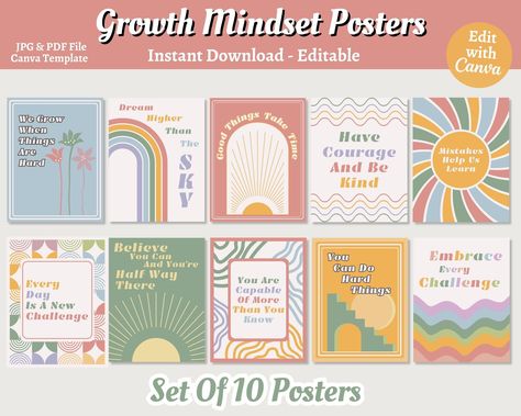 Growth Mindset Posters Set Of 10, Editable Canva Template, Boho Classroom Posters, Boho Elementary Preschool Pre-K Decor, Instant Download Boho Classroom Posters, Educational Prints, Motivate Students, Boho Classroom, Growth Mindset Posters, Office Files, Subtle Beauty, Kindergarten Class, Neutral Boho