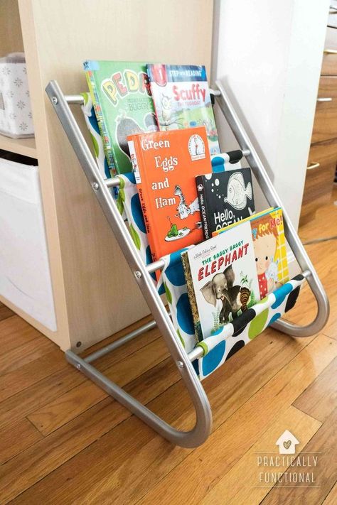 Check out how this old sling bookshelf was transformed into a fun, colorful kids sling bookshelf for a playroom! Diy Kids Book Storage, Bookshelf Upcycle, Diy Bookshelf Ideas, Sling Bookshelf, Stylish Playroom, Bookshelf Makeover, Kids Book Storage, Upcycle Storage, Diy Bookshelf