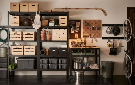 Give yourself some garage therapy - IKEA Switzerland Rifacimento Garage, Ikea Garage, Organized Garage, Garage Shelving Units, Garage Organisation, Garage Makeover, Garage Shelving, Ikea Family, Bench With Shoe Storage