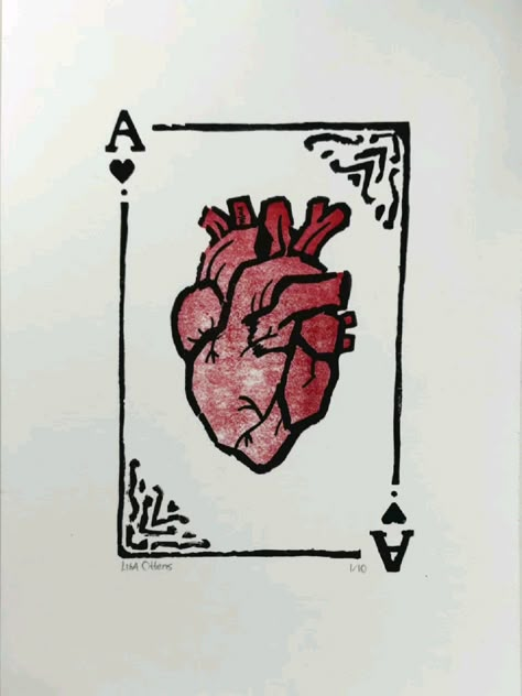 Black and red lino print of the card: "ace of hearts" with a realistic heart in the middle. Black Tshirt Painting Ideas, Playing Card Drawing Ideas, Valentines Linocut, Linocut Valentines, Kiss Print Shirt, Valentines Sketches, Realistic Heart Drawing, Kisses Tshirt, Linoleum Print Ideas