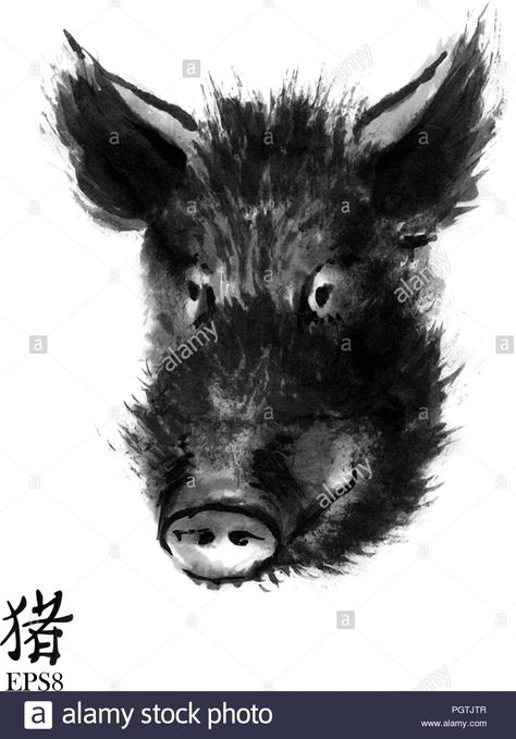 Download this stock vector: Pig sumi-e illustration. Head of wild boar oriental ink wash painting with Chinese hieroglyph pig. Symbol of the eastern new year. - PGTJTR from Alamy's library of millions of high resolution stock photos, illustrations and vectors. Pig Symbolism, Wash Painting, Skull Sleeve Tattoos, Skull Sleeve, Ink Wash Painting, Wild Boar, Ink Wash, Chinese Zodiac, Sumi E