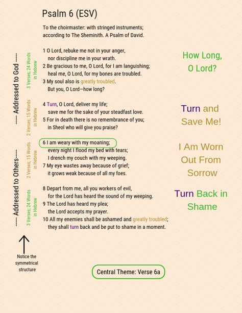 A visual summary of Psalm 6. Psalms Scriptures, Psalms Study, Visual Summary, Verse Study, Psalm 77, Psalm 6, Memorizing Scripture, Psalms Verses, Revelation Bible Study