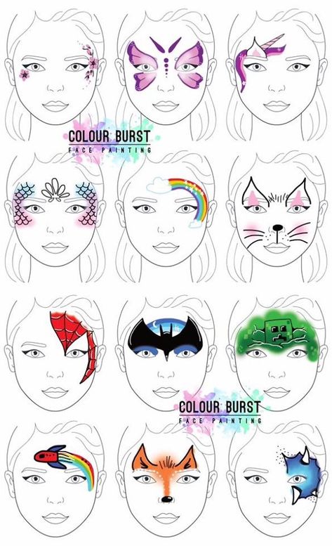 Face Paint Design Sheet, Step By Step Face Painting Tutorials, Beginning Face Painting, Ideas For Face Painting, Girl Face Painting Easy, Face Painting Templates Free Printable, Kids Easy Face Painting Ideas, Face Painting How To Step By Step, Face Paint Easy Ideas