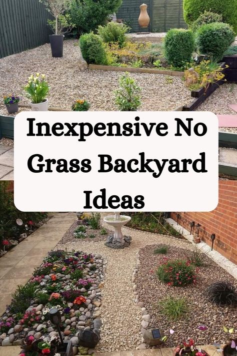 Looking for inexpensive backyard ideas that don't involve grass? Check out these creative and budget-friendly ideas to transform your backyard  without breaking the bank. Large Rock Backyard Ideas, Landscape Around Building, Diy Big Backyard Ideas On A Budget, Gardens Without Lawns, Long Narrow Yard Ideas, No Water Backyard Landscaping, Natural Yards Ideas, Large Backyard No Grass Ideas, Grassless Yard Ideas