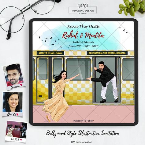 Awesome romantic save the date caricature with custom Train background. #caricature #ecards #invitationcards #vintage Save The Date Caricature, Train Background, Caricature Invitation, Dilwale Dulhania Le Jayenge, Train Invitation, Caricature Wedding Invitations, Save The Date Video, Caricature Wedding, Wedding Invitation Background